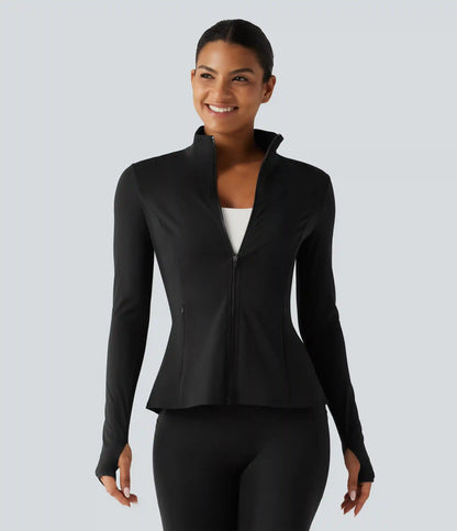 SoftlyZero™ Airy Stand Collar Long Sleeve Thumb Hole Eyelet Ruffle Hem InstantCool Yoga Jacket with Pockets-UPF50+