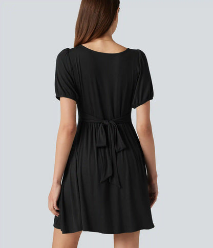 Scoop Neck Short Sleeve Tie Back Mini Casual Dress with Pockets