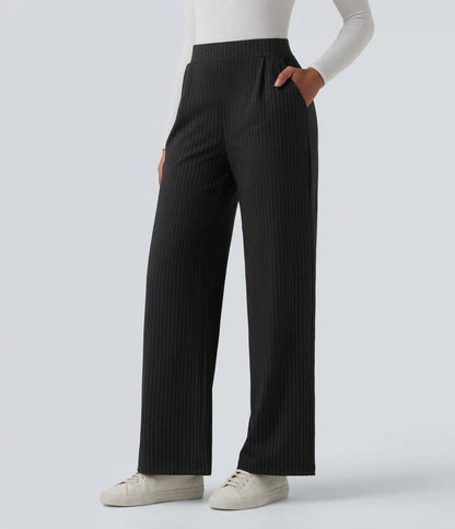 High Waisted Stripes Work Wide Leg Pants with Pockets