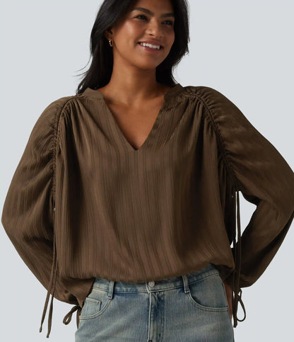V Neck Bishop Long Sleeve Casual Blouse