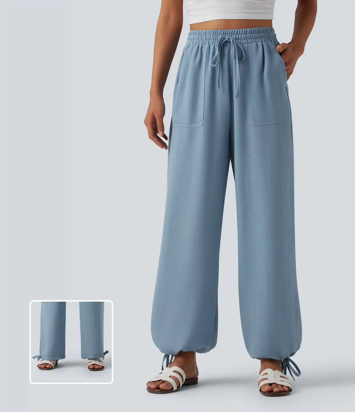 High Waisted Drawstring Wide Leg Casual Linen-Feel Joggers with Pockets
