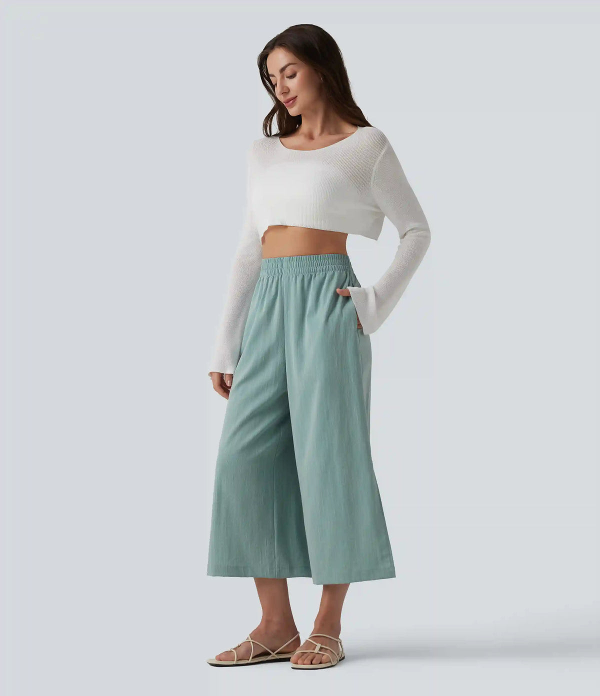 High Waisted Split Linen-Feel Casual Cropped Baggy Pants with Pockets