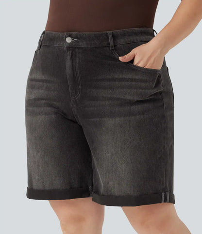 Halara Flex™ High Waisted Multiple Pockets Rolled Hem Washed Stretchy Knit Denim Casual Plus Size Bermuda Shorts