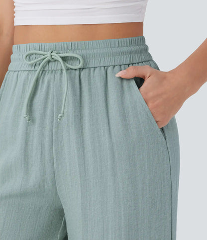 High Waisted Drawstring Pocket Wide Leg Baggy Casual Linen-Feel Pants