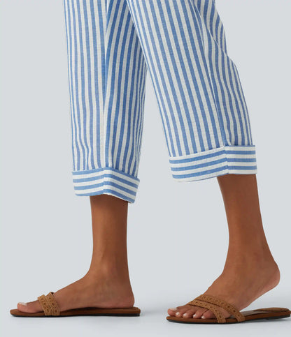 High Waisted 2-in-1 Straight Leg Stripe Cropped Casual Linen-Feel Pants with Pockets