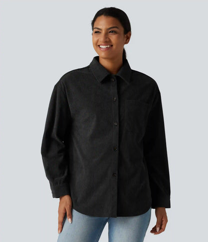 Long Sleeve Curved Hem Corduroy Casual Shirt Jacket with Pocket