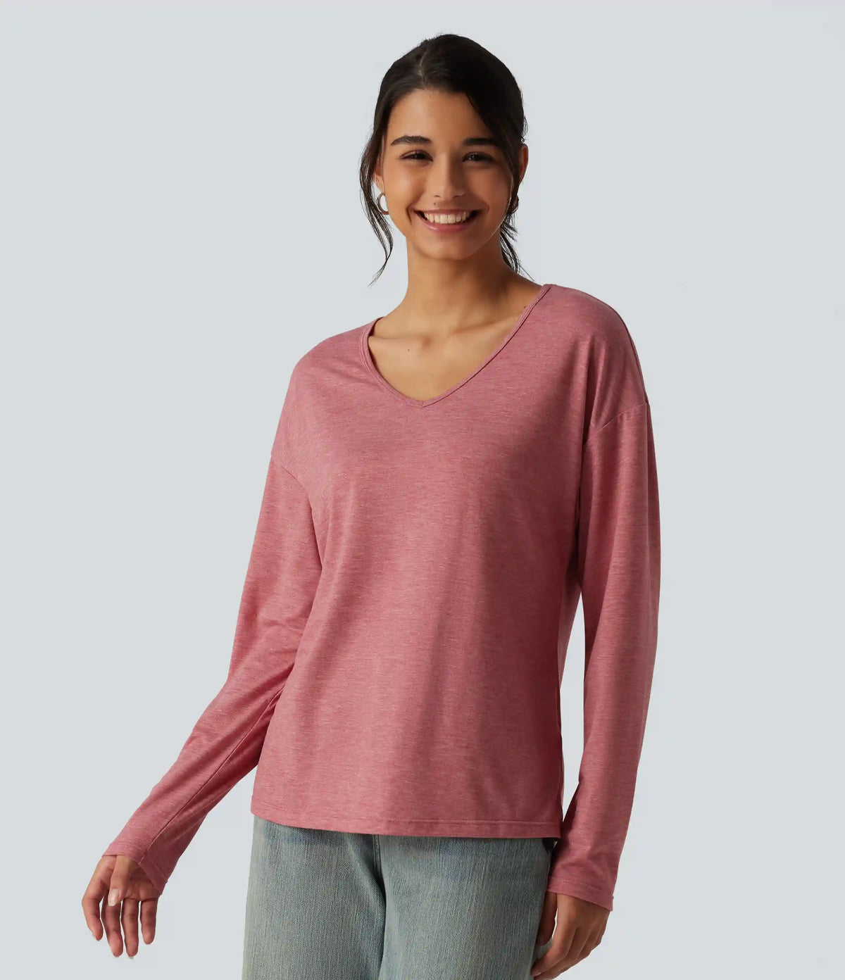 V Neck Long Sleeve Relaxed Heathered Casual T-Shirt