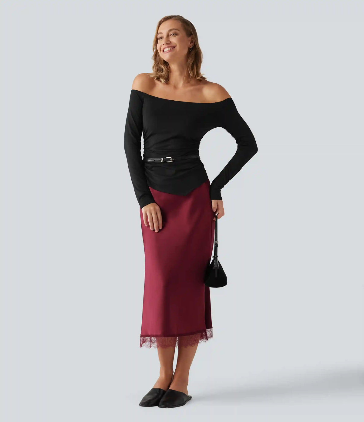 Off Shoulder Built-in Bra Long Sleeve Asymmetric Hem Casual Top