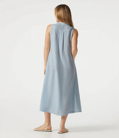 Round Neck Sleeveless Plaid Midi Casual Linen-Feel Dress with Pockets