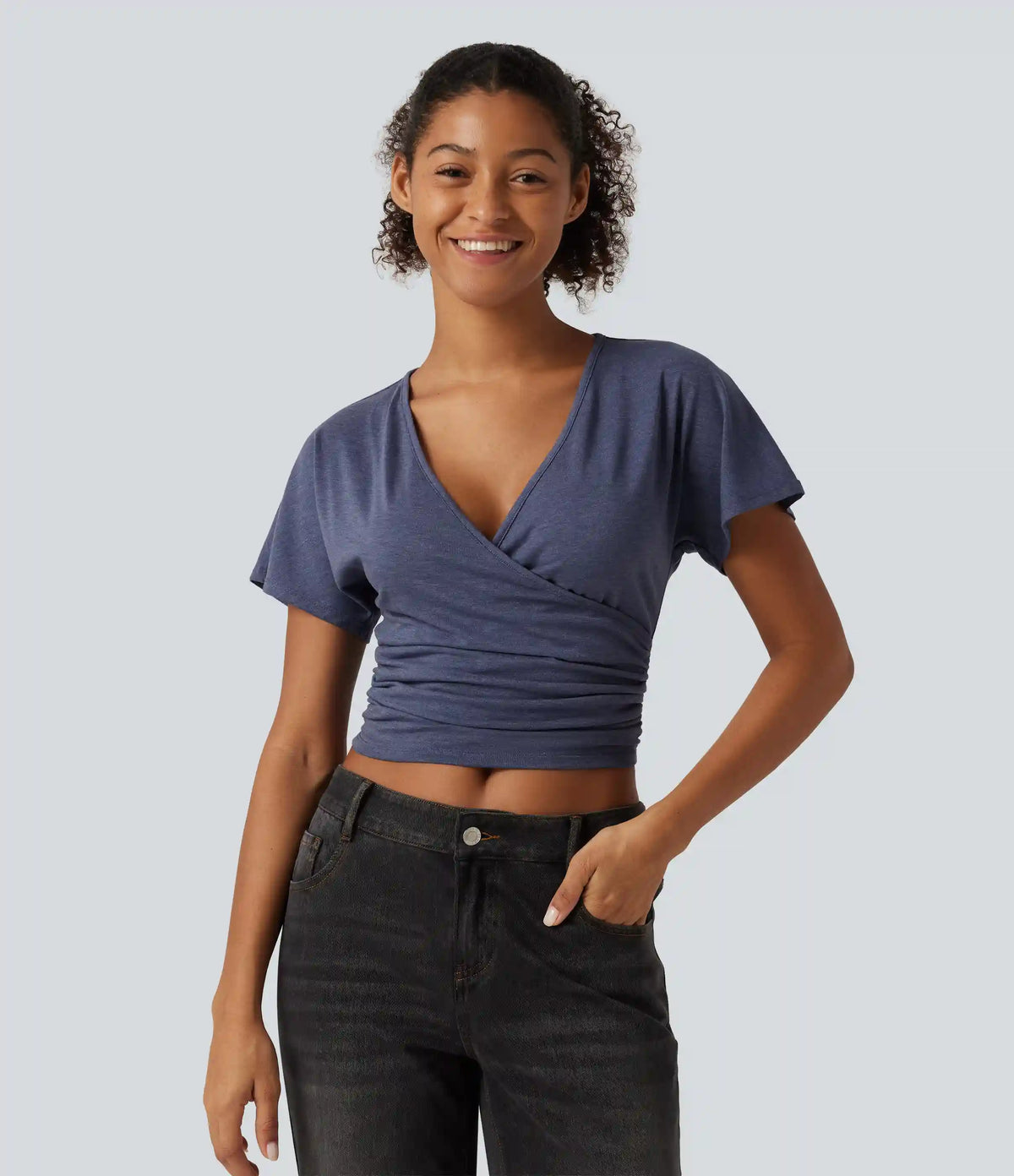 V Neck Flounce Short Sleeve Ruched Casual T-Shirt