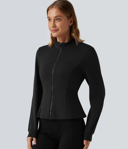 SpacerTek™ Stand Collar Zip Fly Long Sleeve Ruffle Hem Yoga Jacket with Pockets