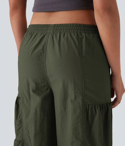 Mid Rise Drawstring Pocket Ruched Parachute Casual Cargo Baggy Joggers