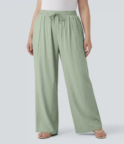 Plus Size High Waisted Drawstring Wide Leg Casual Linen-Blend Pants with Pockets