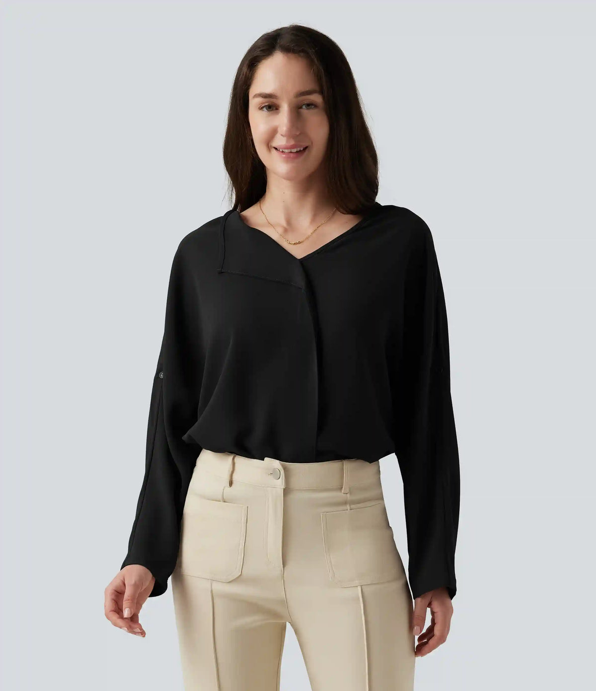 V Neck Long Sleeve Asymmetric Relaxed Work Blouse
