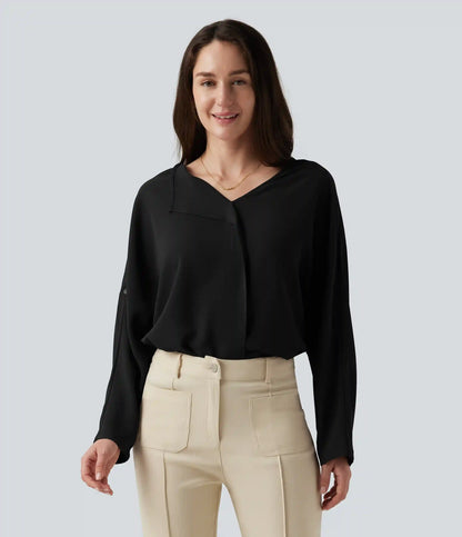 V Neck Long Sleeve Asymmetric Relaxed Work Blouse