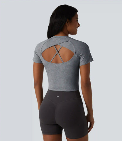 Round Neck Short Sleeve Built-in Bra Yoga Sports Top