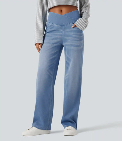 Halara Flex™ Crossover High Waisted Tummy Control Casual Straight Leg Jeans with Pockets