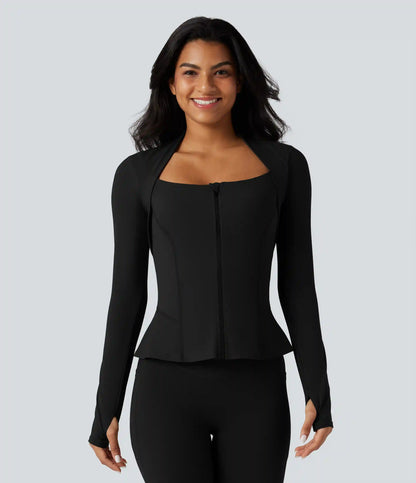 Halara UltraSculpt™ Push-Up Long Sleeve Thumb Hole Zipper Ruffle Hem Yoga Curvy Jacket