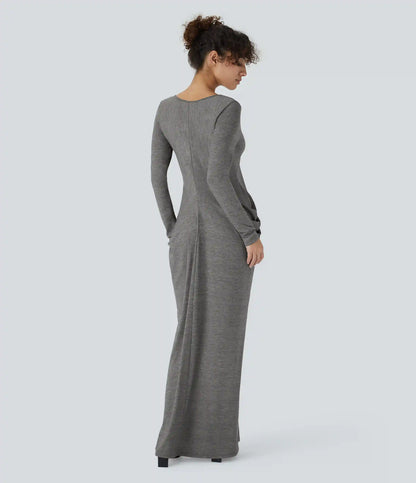 Deep V Neck Long Sleeve Stacked Ruched Maxi Casual Dress