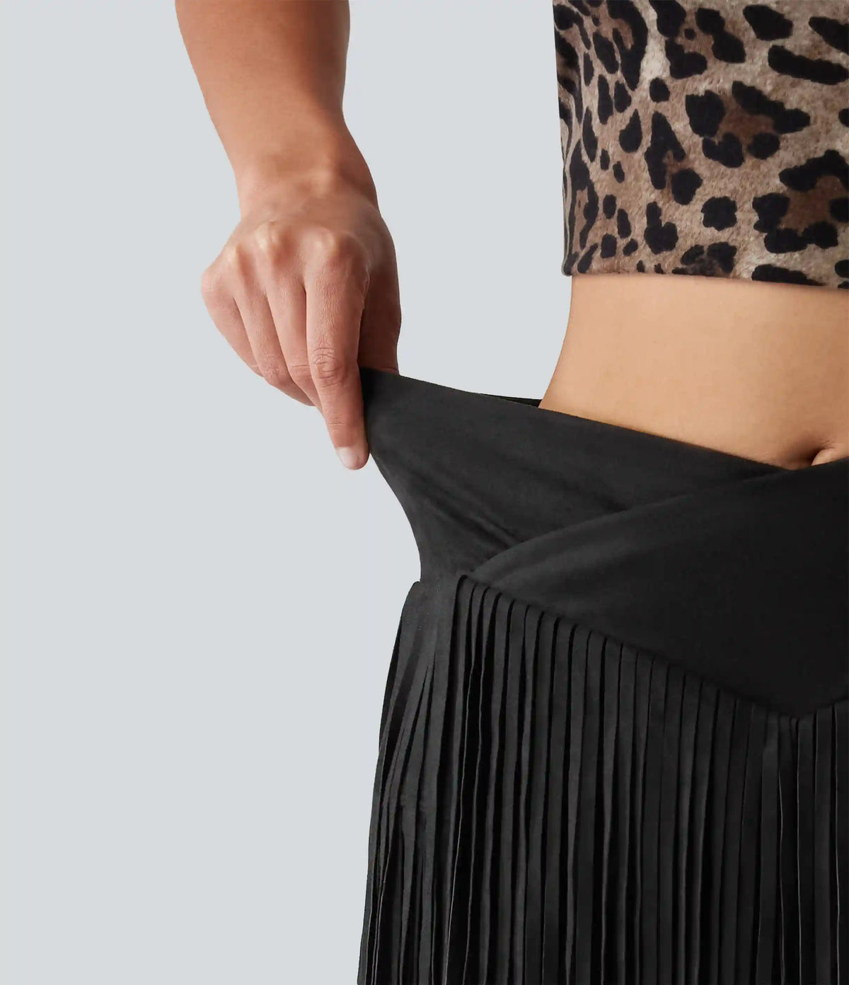 Crossover High Waisted 2-in-1 Fringe Hem Bodycon Mini Suede Party Skirt-Longer Length