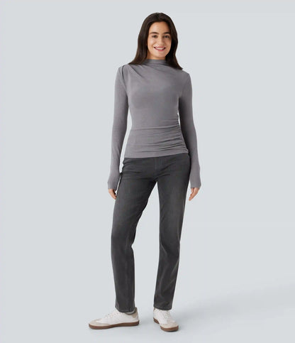 Funnel Neck Long Sleeve Ruched Skinny Thermal Casual Top