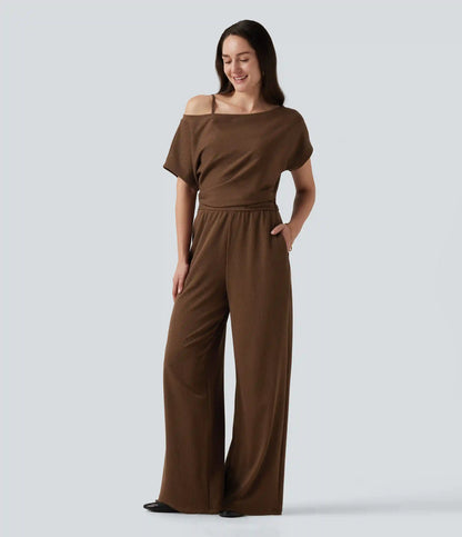 One Shoulder Short Sleeve Asymmetric Casual Jumpsuit with Built-in Bra and Pockets -Easy Peezy Edition