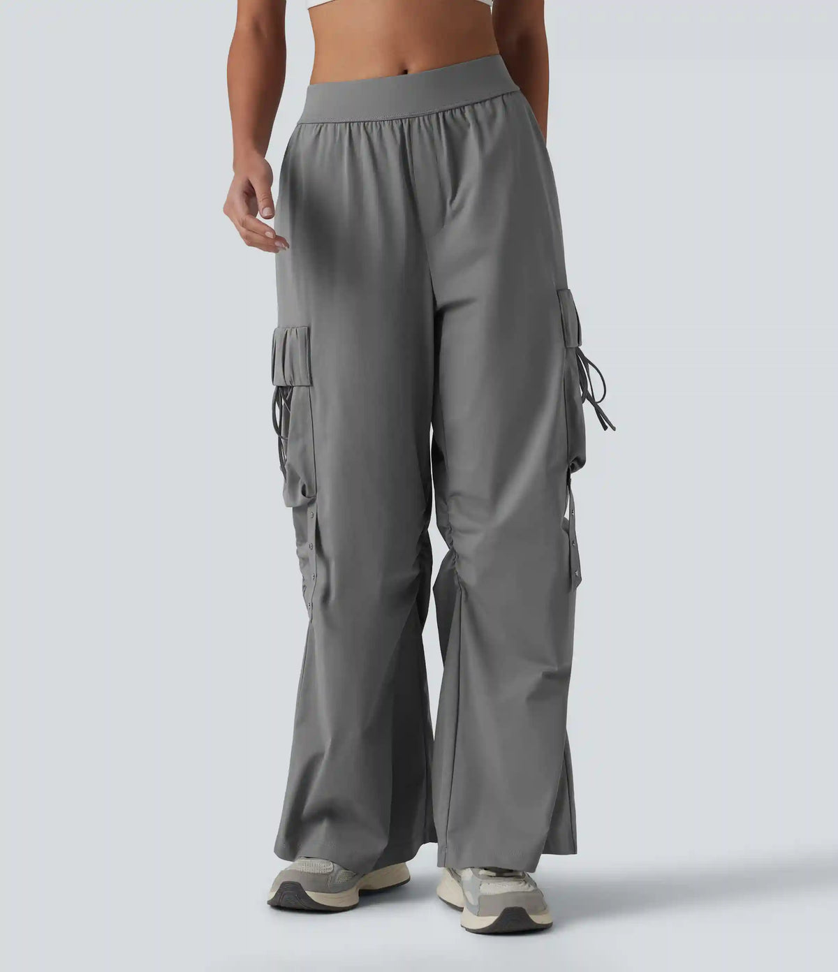 Mid Rise Ruched Tie Workout Cargo Bootcut Pants with Pockets