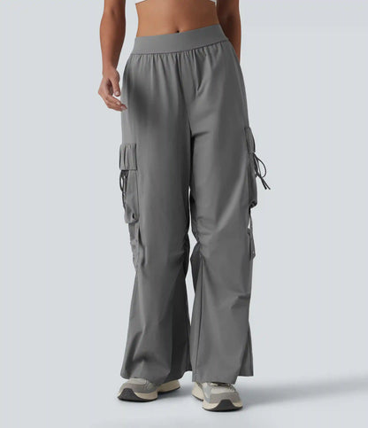 Mid Rise Ruched Tie Workout Cargo Bootcut Pants with Pockets