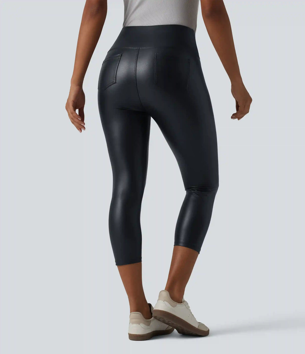 High Waisted Tummy Control Stretchy PU Casual Capri Leggings with Pockets