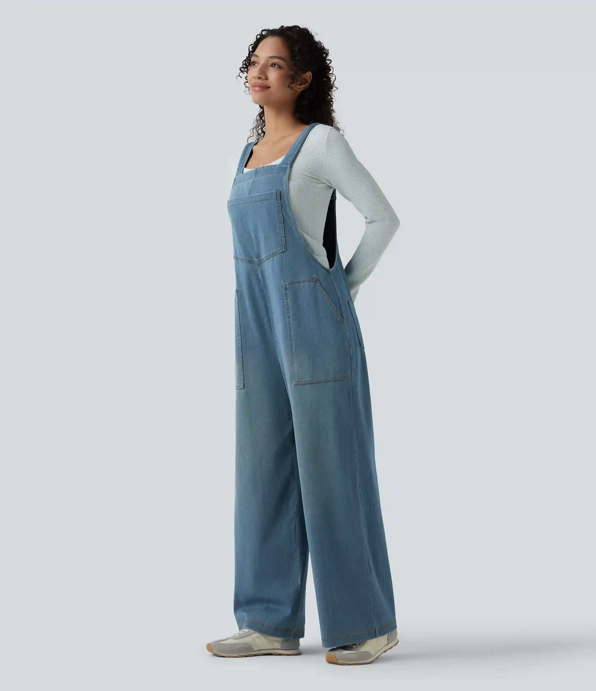 Halara Flex™ Square Neck Washed Denim Casual Overalls with Pockets