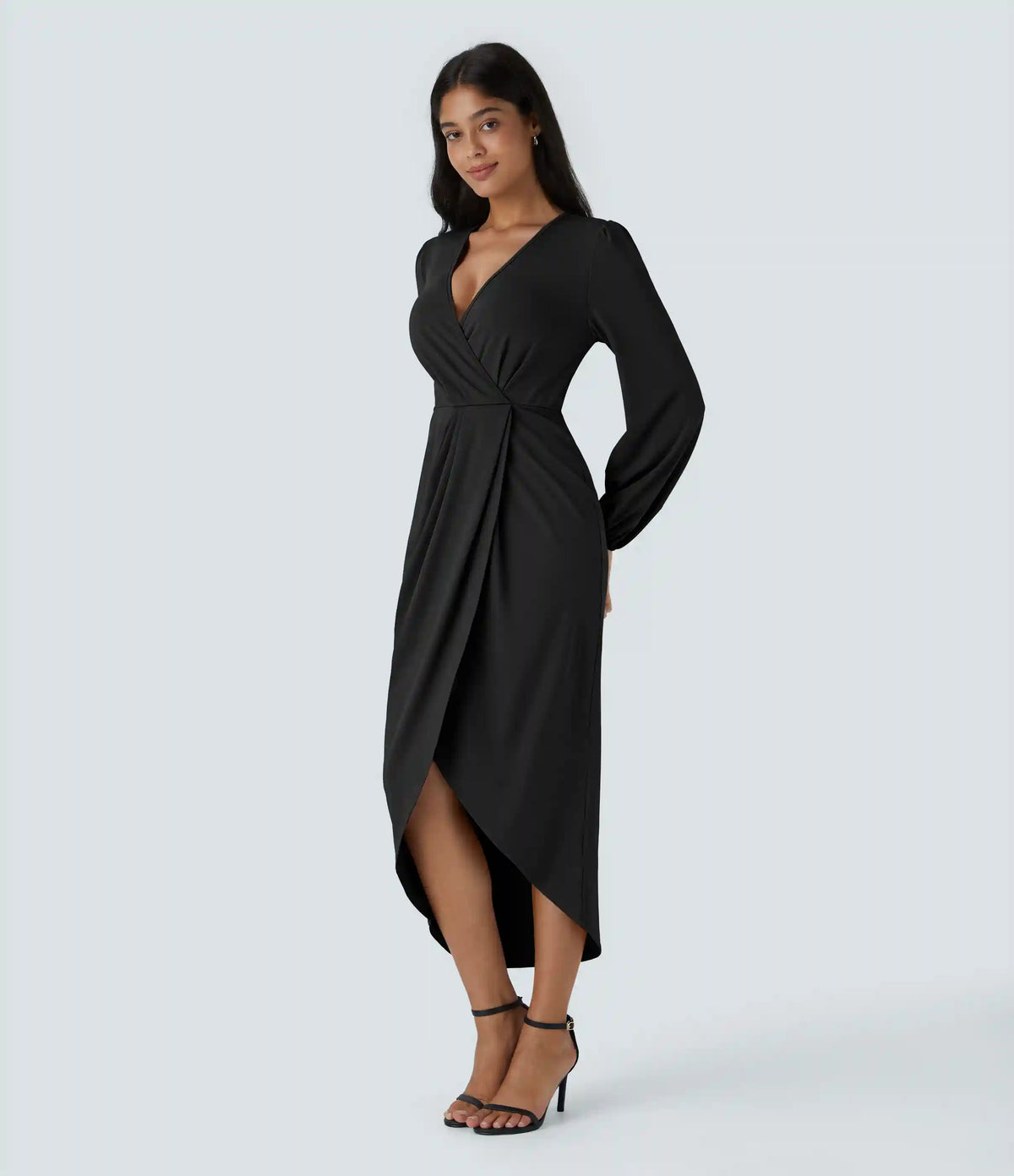 V Neck Long Sleeve Tulip Hem Midi Dress
