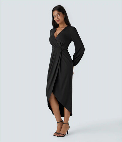 V Neck Long Sleeve Tulip Hem Midi Dress