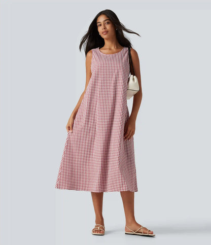 Round Neck Sleeveless Midi Crinkle Gingham Casual Tank Dress with Pockets