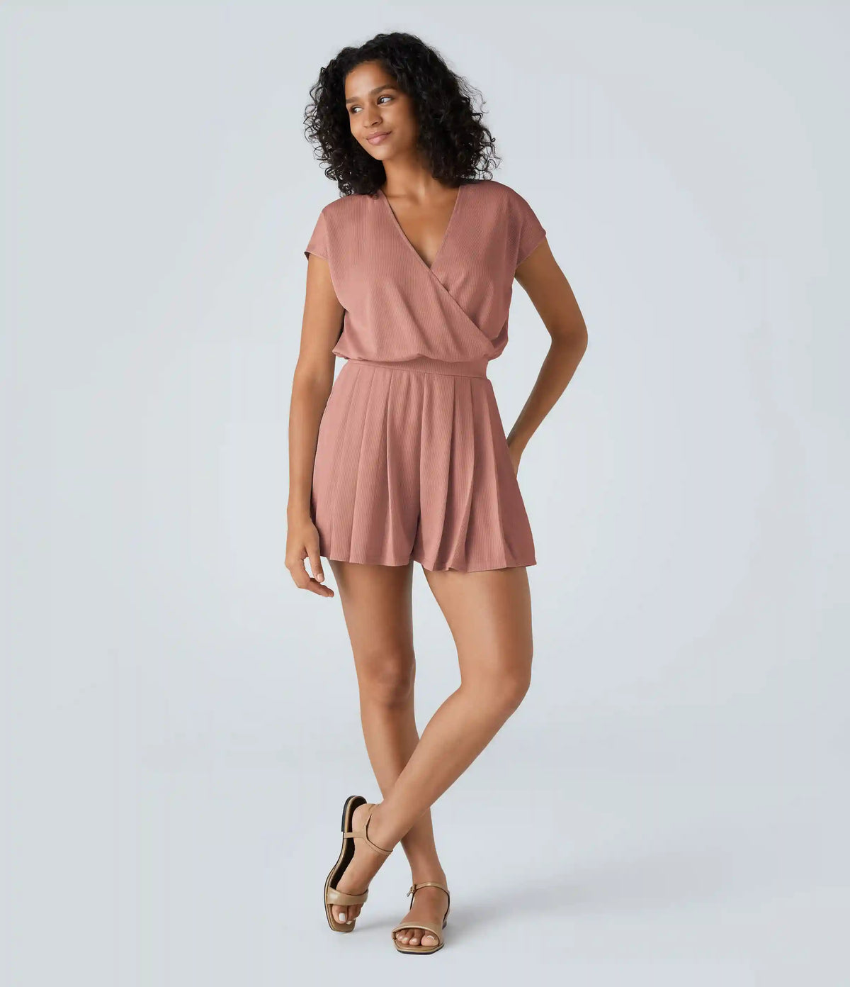 V Neck Short Sleeve Pocket Waffle Casual Romper