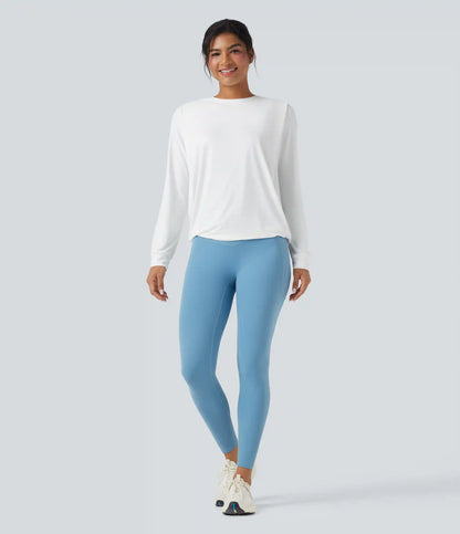 Round Neck Long Sleeve Ruched Yoga Sports Top-UPF50+