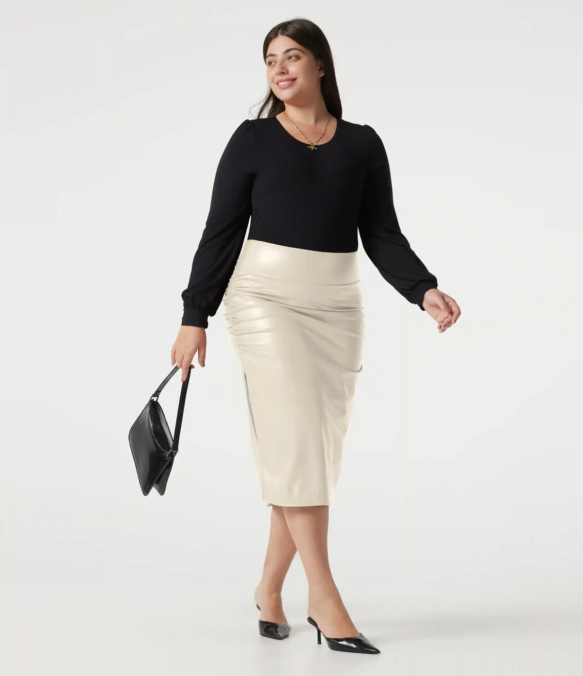 Plus Size High Waisted Tummy Control Ruched Curved Hem 2-in-1 Fleece PU Leather Midi Casual Skirt
