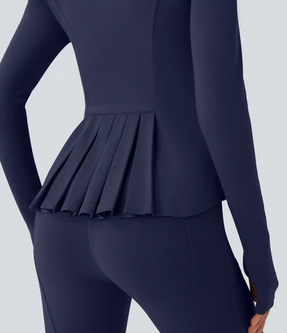 SoftlyZero™ Stand Collar Thumb Hole Pockets Pleated Zipper Slim Jacket