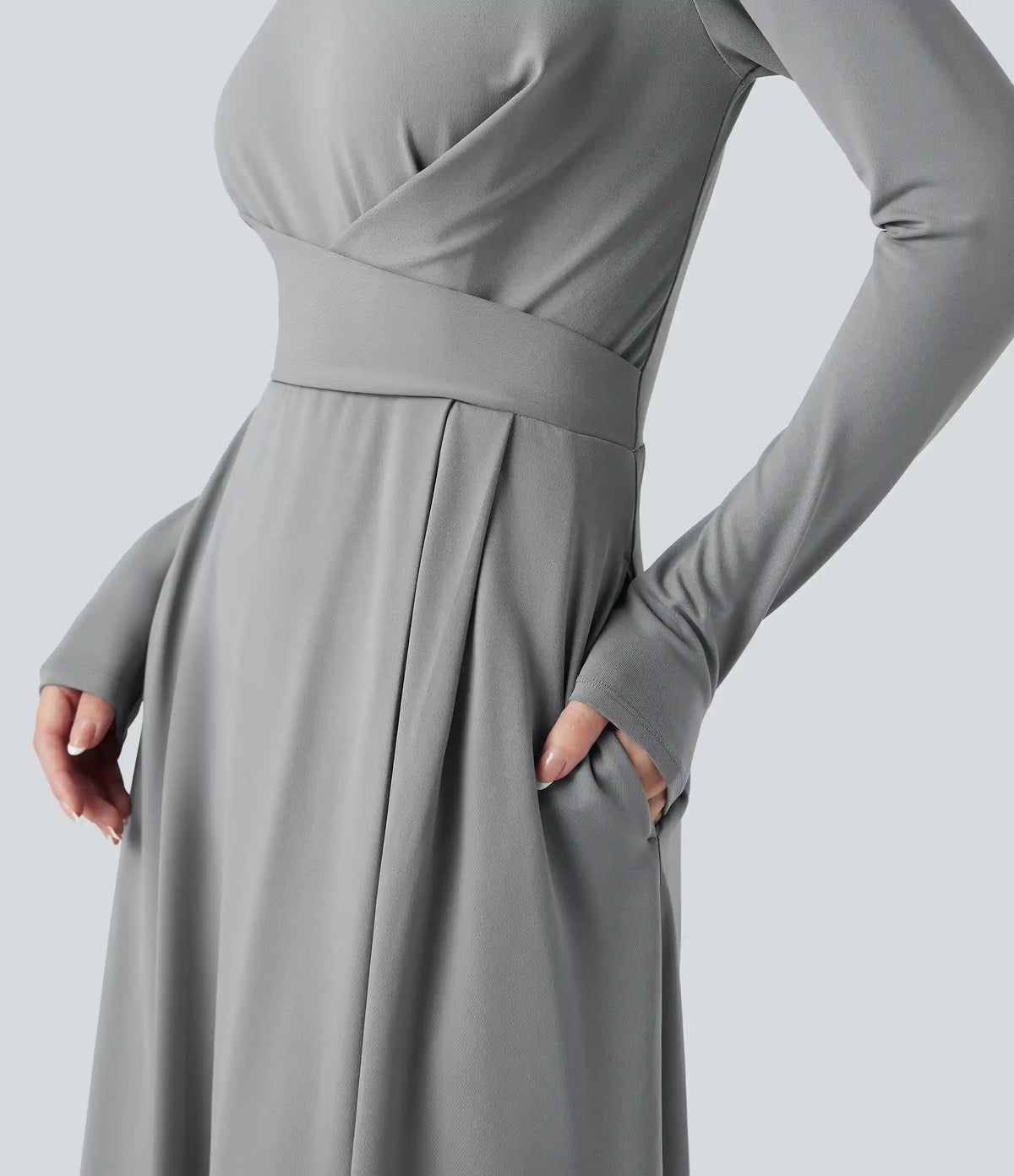 Mock Neck Long Sleeve Midi Work Dress with Pockets