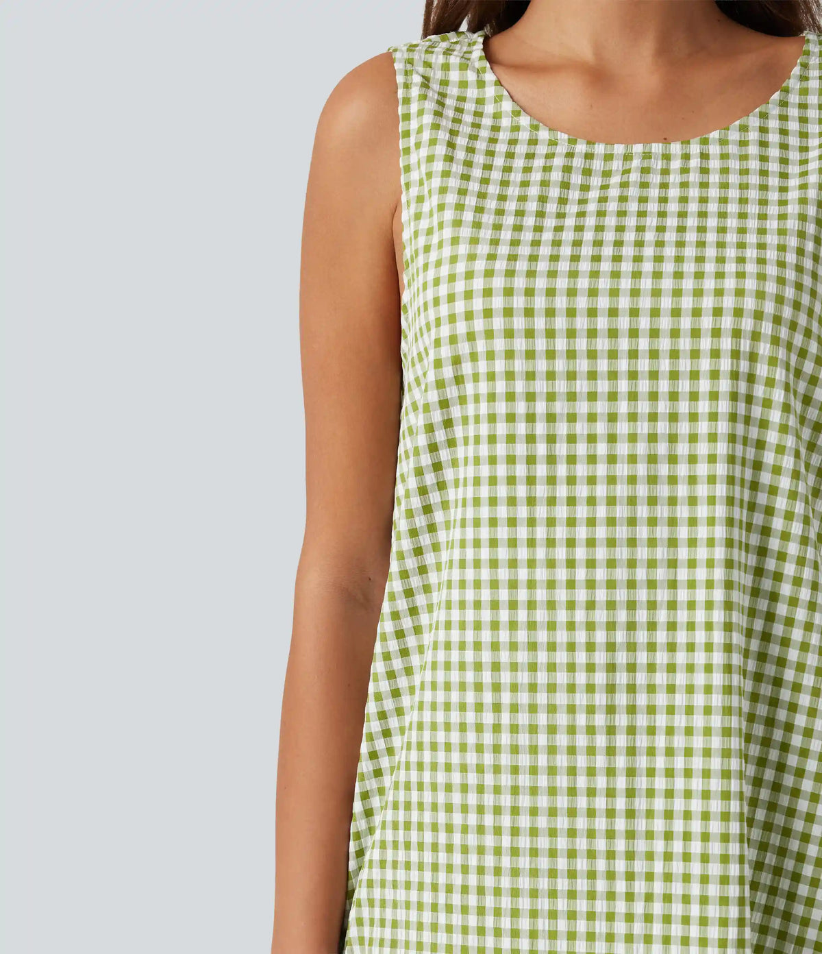 Round Neck Sleeveless Midi Crinkle Gingham Casual Tank Dress with Pockets