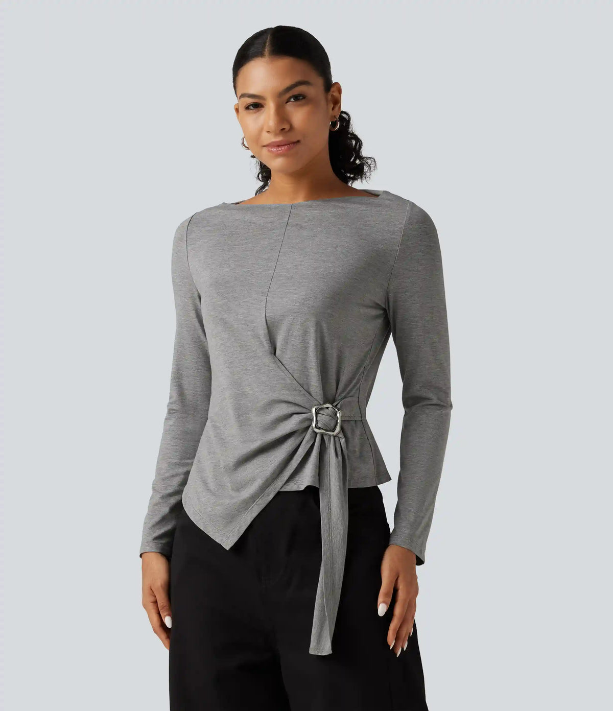 Boat Neck Long Sleeve Tie Side Uneven Hem Casual T-Shirt