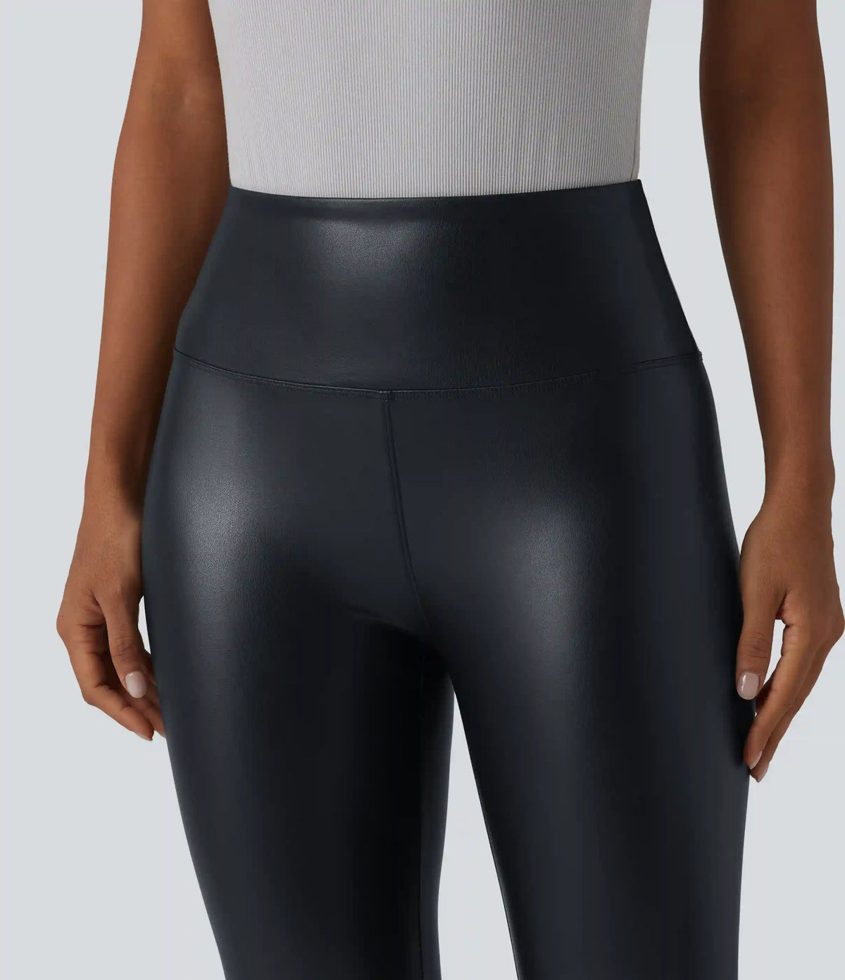 High Waisted Tummy Control Stretchy PU Casual Capri Leggings with Pockets
