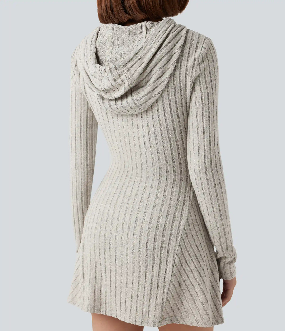 Ribbed Knit Hooded Drawstring Long Sleeve Mini Casual Dress