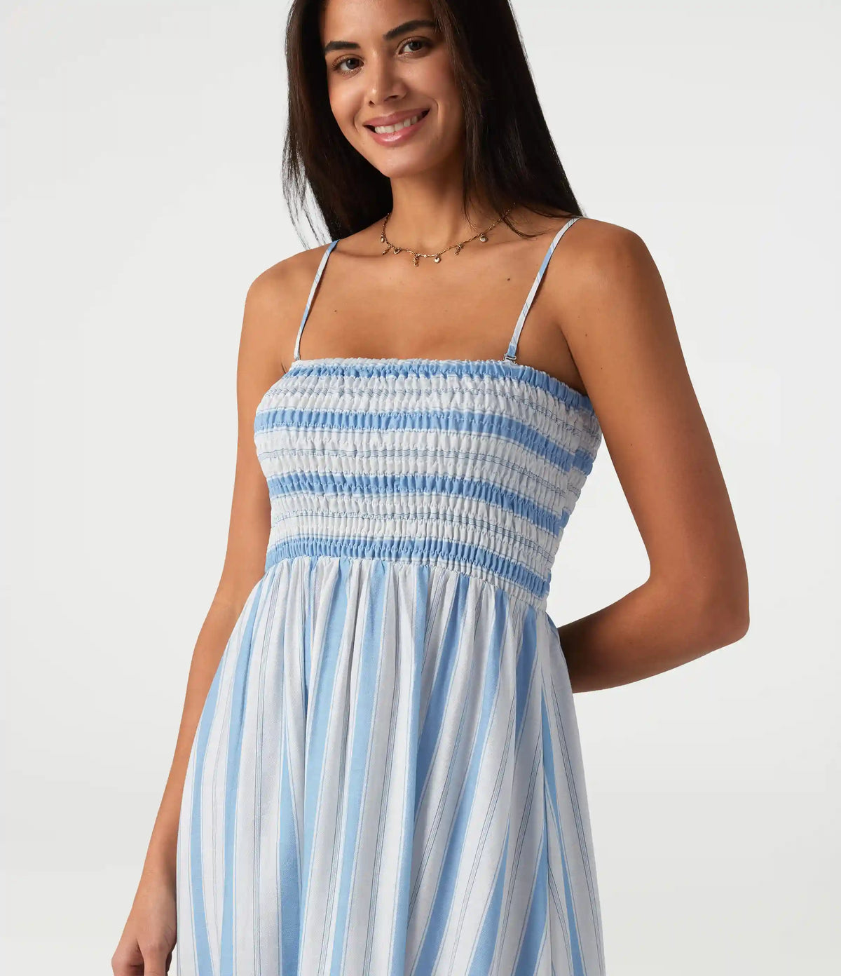 Removable Straps Shirred Stripes Linen-Feel Resort Slip Dress