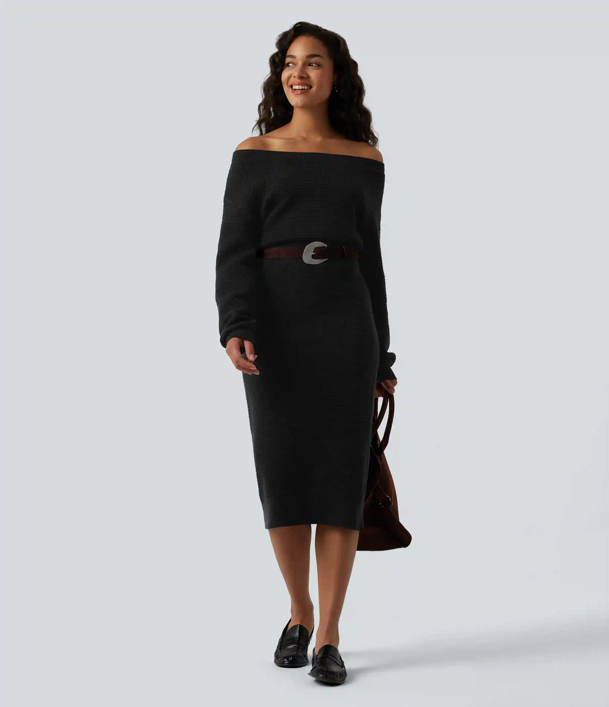 One Shoulder Long Sleeve Midi Casual Sweater Dress