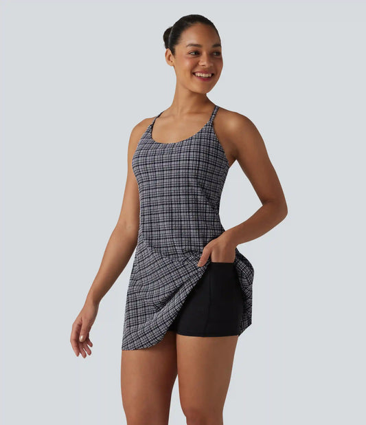 2-in-1 Plaid Crinkle Quick Dry Mini Tennis Active Dress with Pockets-Easy Peezy Edition