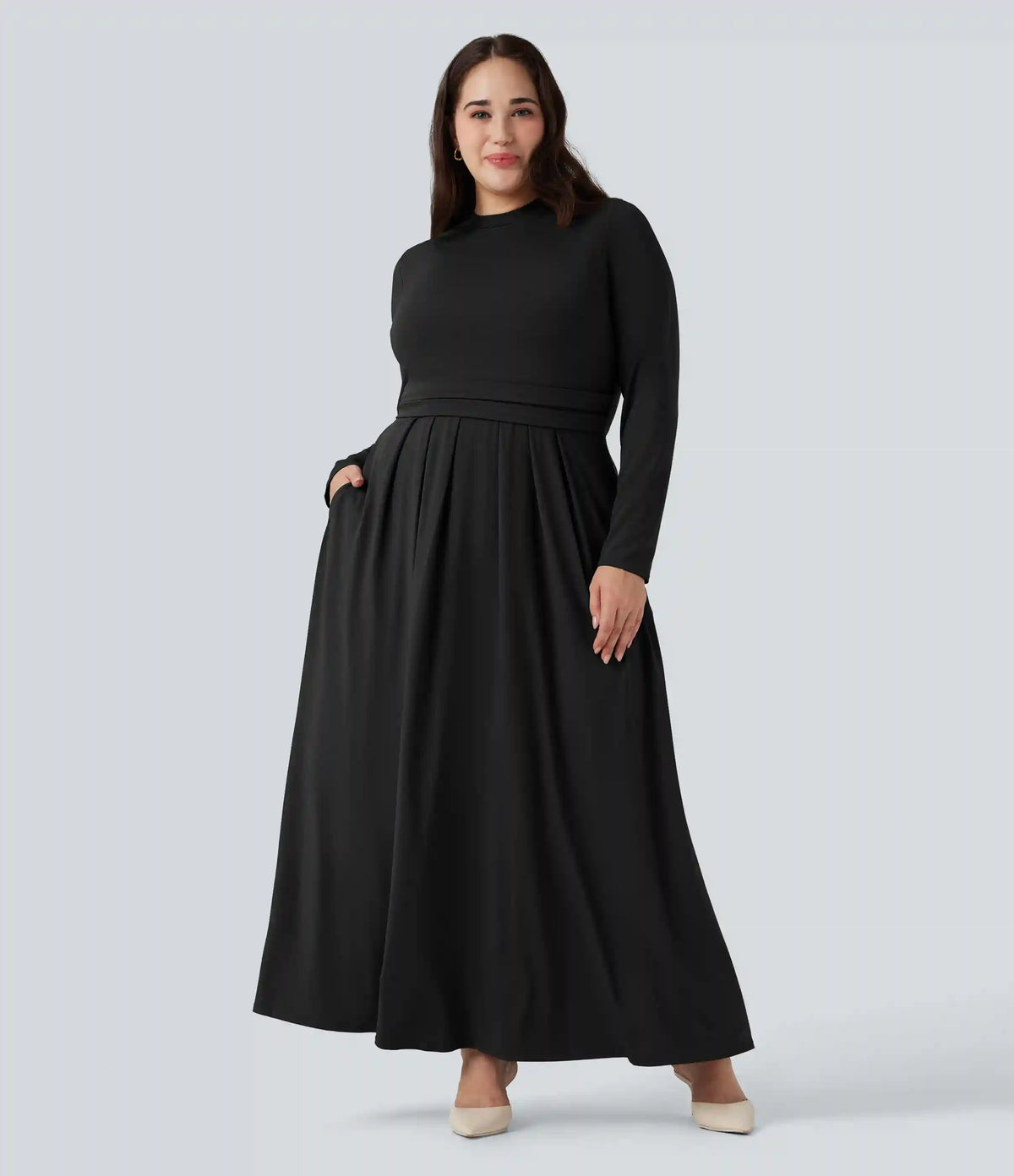 Mock-neck Long Sleeve Flare Maxi Casual Plus Size Dress with Pockets