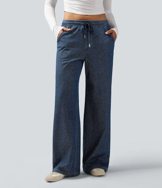 Halara Flex™ Low Rise Drawstring Wide Leg Silver Shine Casual Sweatpants Jeans with Pockets