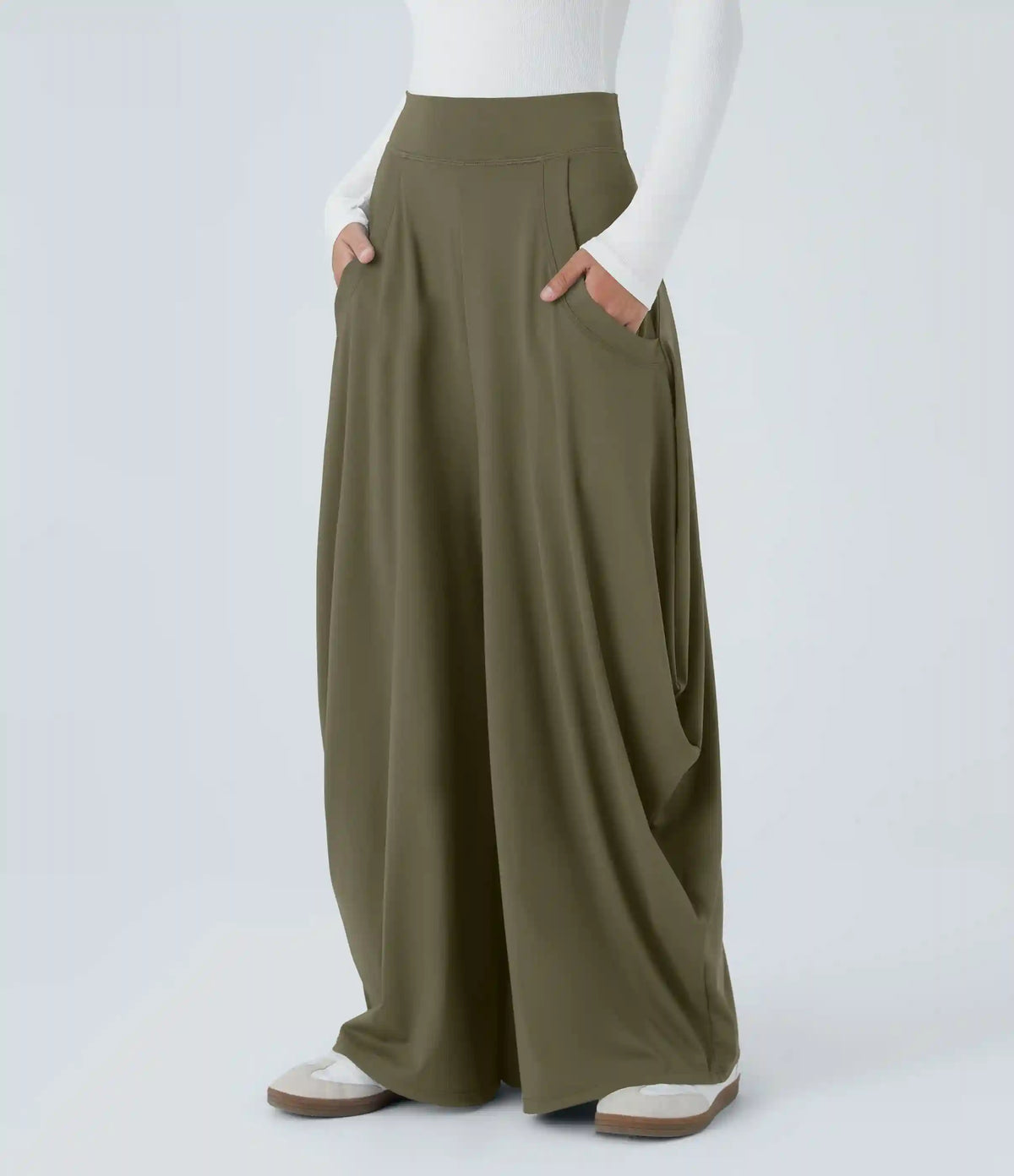 Mid Rise Pockets Draped Wide Leg Baggy Casual Pants