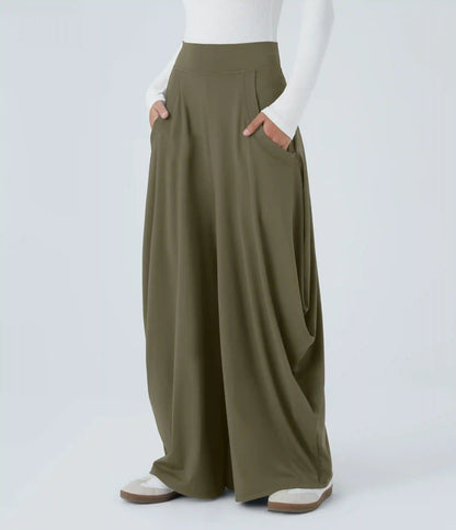 Mid Rise Pockets Draped Wide Leg Baggy Casual Pants