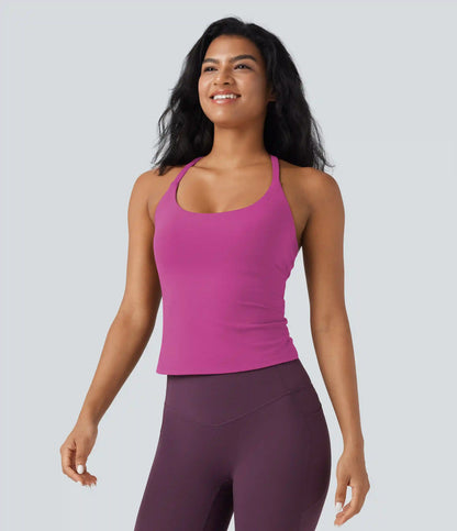 Scoop Neck Crisscross Back Crossover Hem Yoga Cami Top